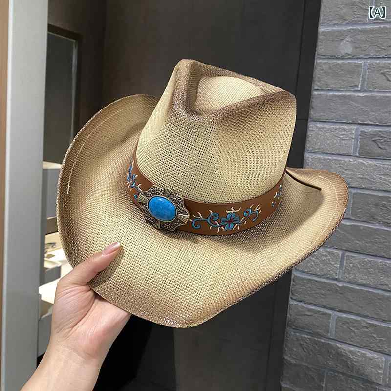 カウボーイハット ストロー 麦わら帽子 ウエスタン テンガロンハット メンズ レディース 夏 サンバイザ..