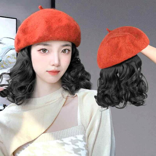 髪付き帽子 ベレー帽 レディース ウィッグ付き 帽子 かつら付き 一体型 秋冬 ウール ショート 巻き髪 レッド ブラック ブラウン 髪付き帽子 ベレー帽 レディース ウィッグ付き 帽子 かつら付き 一体型 秋冬 ウール ショート 巻き髪 レッド ブラック ブラウン