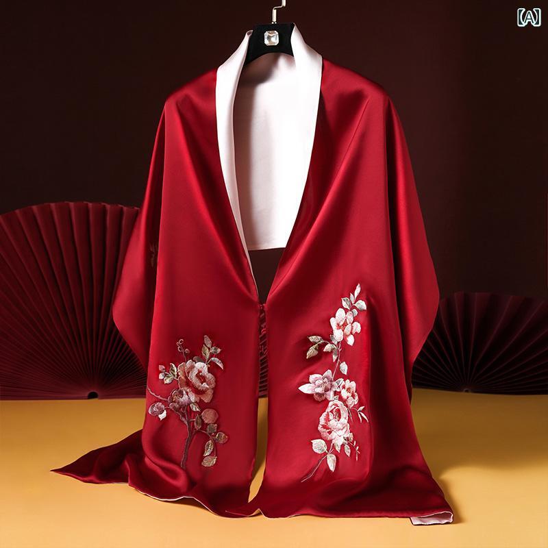 ストール 花柄 刺繍 レディース スカーフ ショール シルク ボタン付き ギフト 中国風 レトロ レッド