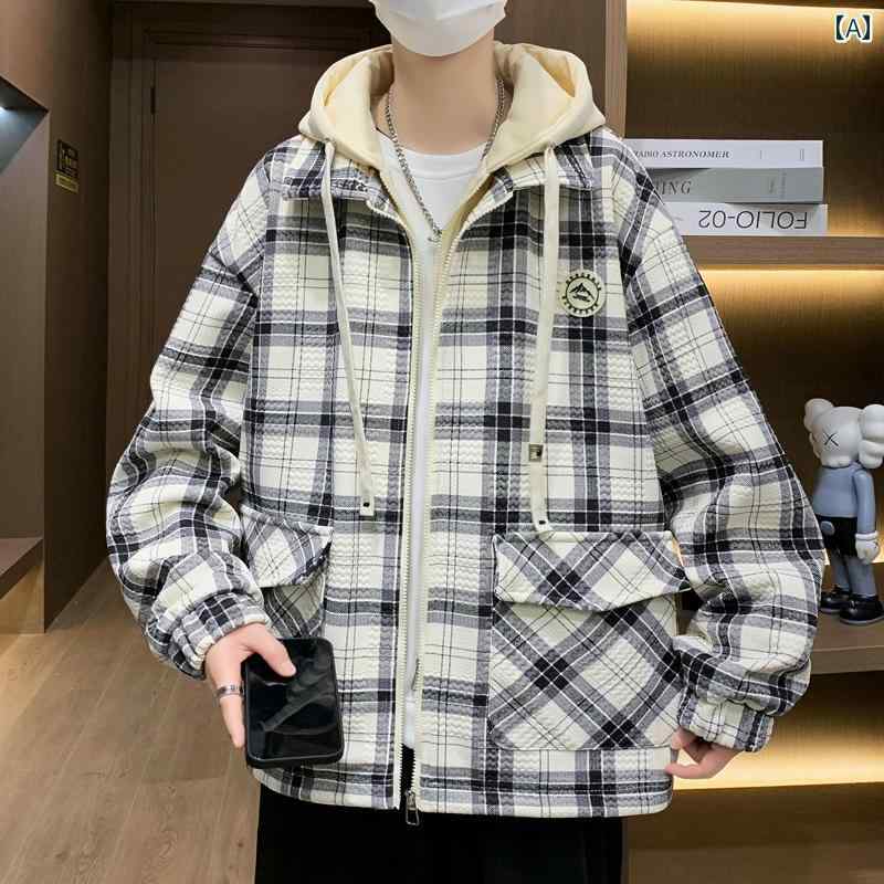 ジャケット メンズ 秋冬 チェック ゆったり 学生 ツーピース アウター フード付き ブラック グレー