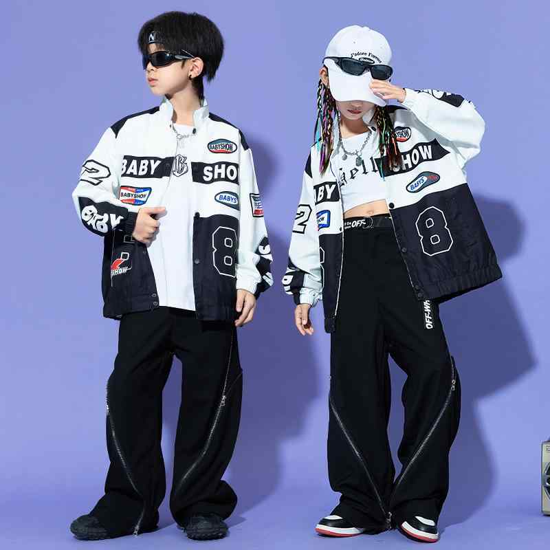 キッズ ストリート ダンス セットアップ 衣装 ヒップホップ 発表会 小学生 ジャズ ジャケット 白 黒