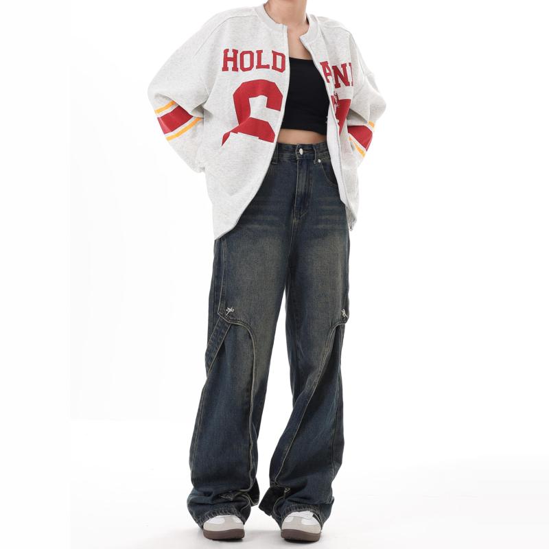 デニムパンツ ジーンズ メンズ レディース ボトムス カジュアル レトロ ウォッシュド ヘビーメタル ストレート ブルー ブラック