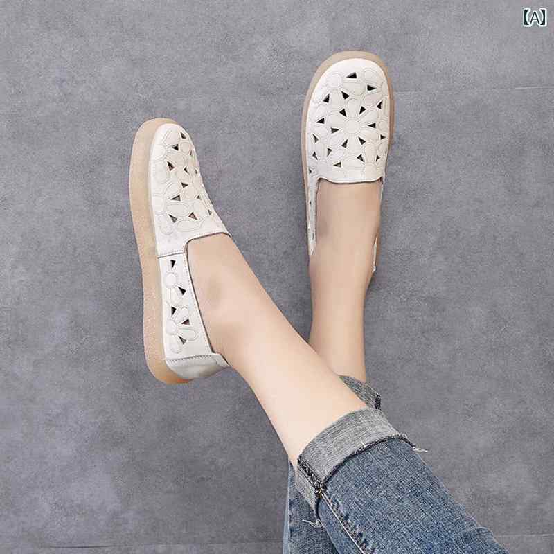 サンダル レディース シューズ 穴あき 革 下駄 夏 通気性 滑りにくい シングル 柔らかい底 ママ 靴 ホワイト