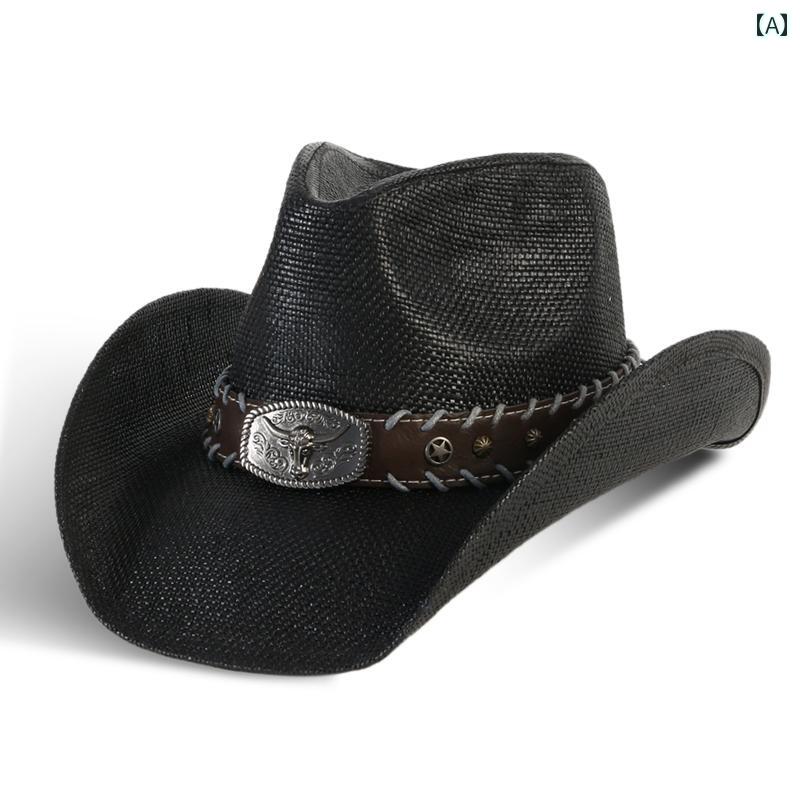 カウボーイハット ストロー 麦わら帽子 ウエスタン テンガロンハット つば広 メンズ レディース レトロ..