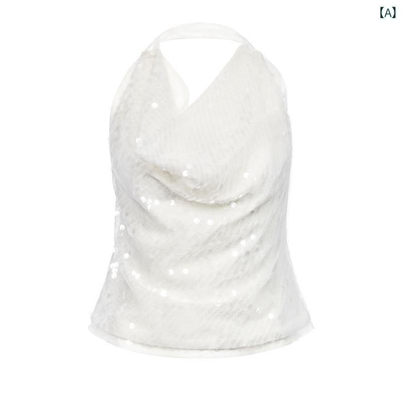 スパンコール キャミソール レディース トップス キラキラ パーティー ダンス マーメイド パール 光沢 ホルターネック ベスト 二 重裏地 ガーゼ サスペンダ...