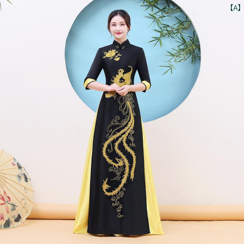 アオザイ チャイナドレス レディース エレガント ストレート 7分袖 コーラス ベトナム パフォーマンス 刺繍 衣装 ブラック