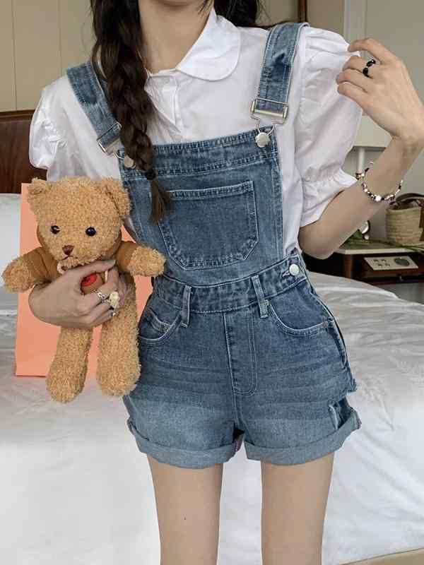サロペット デニム ショート丈 パンツ レディース オーバーオール つなぎ ダメージ オールインワン レトロ サイドリップ サスペンダー ショーツ 秋 Aライン ワイドレッグ ジャンプ ブルー