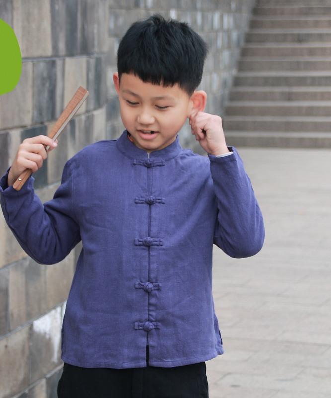 トップス 中国風 キッズ 子供 男の子 女の子 スタンドカラー ファッション 長袖 春秋 レトロ ネイビー ホワイト ブルー