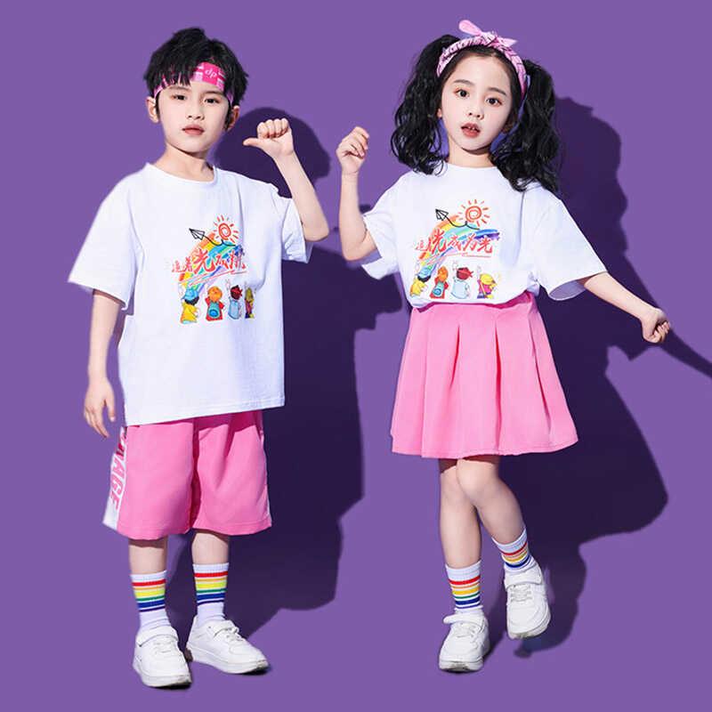 キッズ ストリート ダンス セットアップ 幼稚園 クラス 制服 発表会 ユニフォーム 衣装 Tシャツ 小学校 運動会 チアリーディング 白 ピンク