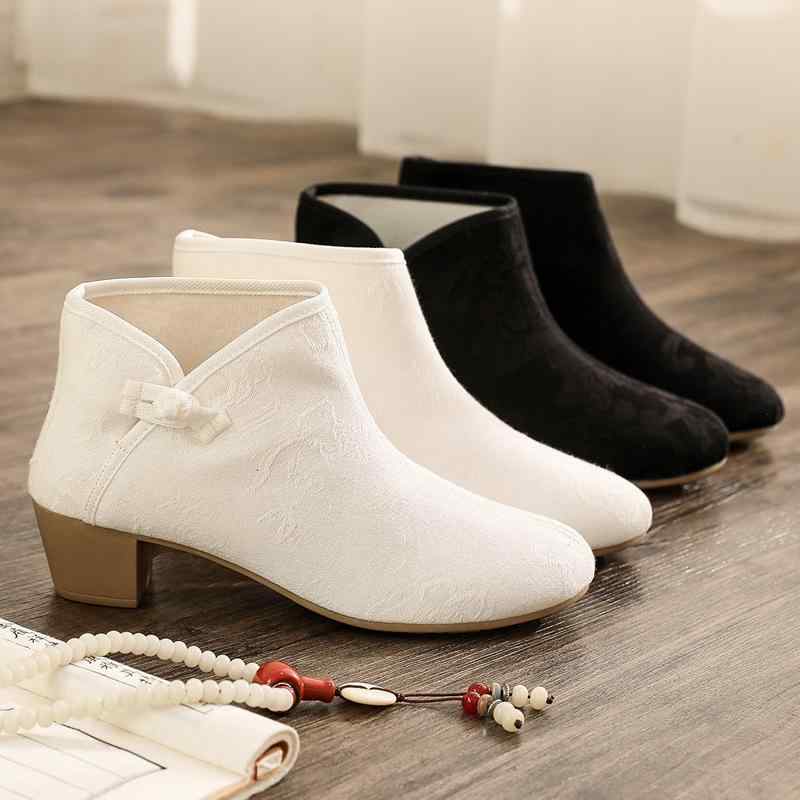 ショート ブーツ レディース 中国風 レトロ ヒール 刺繍 衣装 花柄 裏起毛 暖かい グリーン ホワイト ..