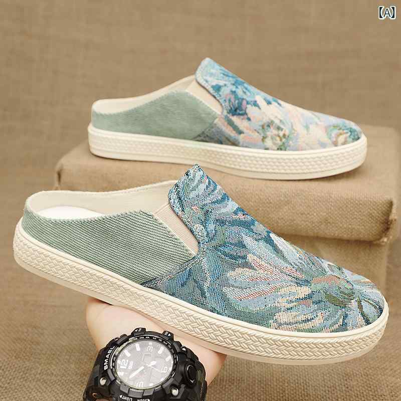 かかとなし スニーカー メンズ スリッポン キャンバス シューズ 夏 通気性 カジュアル ハーフ スリップ 靴 ブルー グリーン ブラック