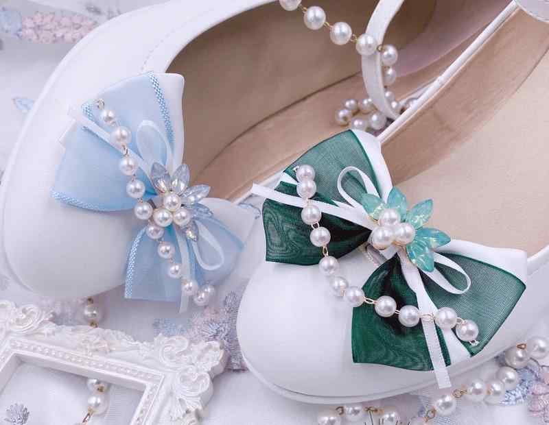 シューズクリップ パンプス レディース 取り外し可能 ロリータ リボン パール アクセサリー ブルー グ..
