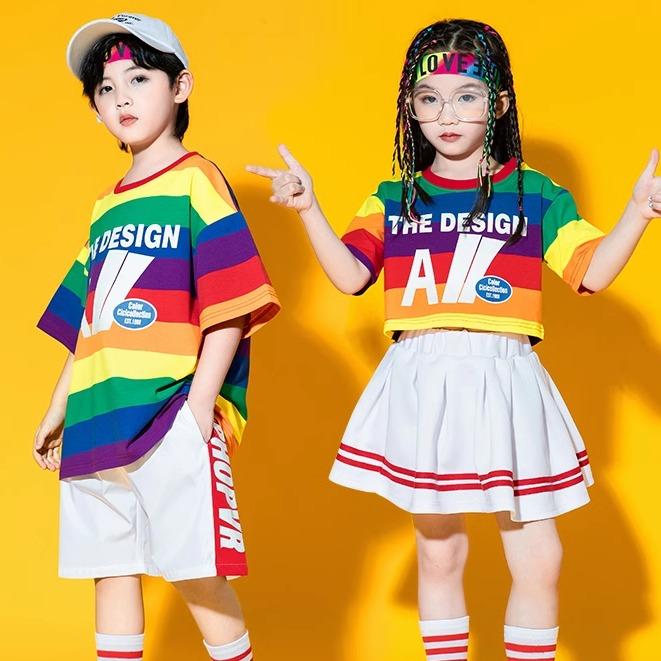 キッズ 男の子 女の子 ストリート ダンス セットアップ チアリーディング 衣装 幼稚園 コーラス 小学生 運動会 ユニフォーム 白 ボーダー
