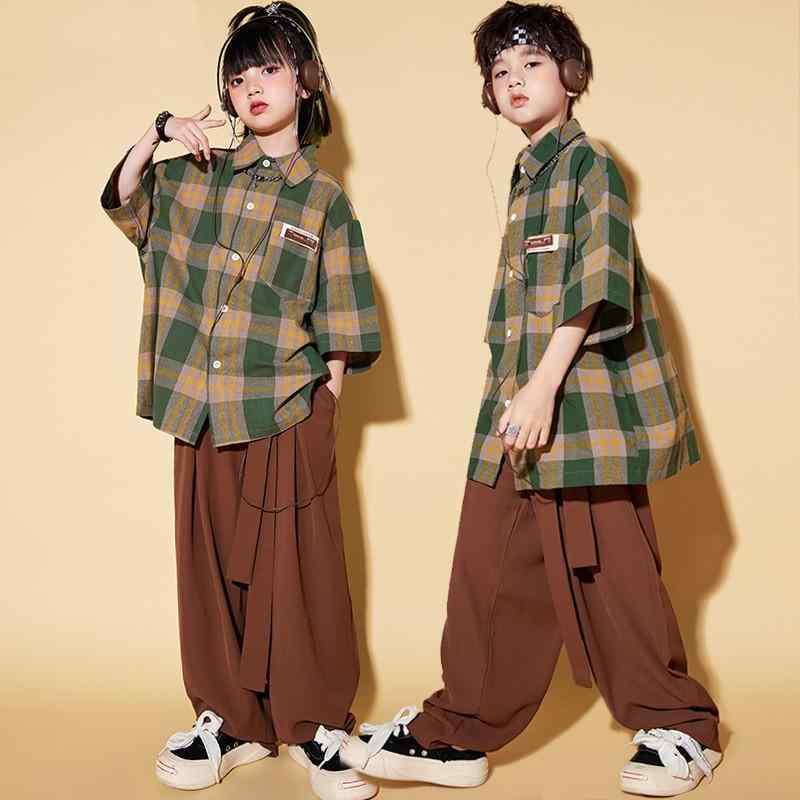 キッズ 女の子 男の子 ストリート ダンス セットアップ 衣装 クール ヒップホップ シャツ 緑 茶 キャメル