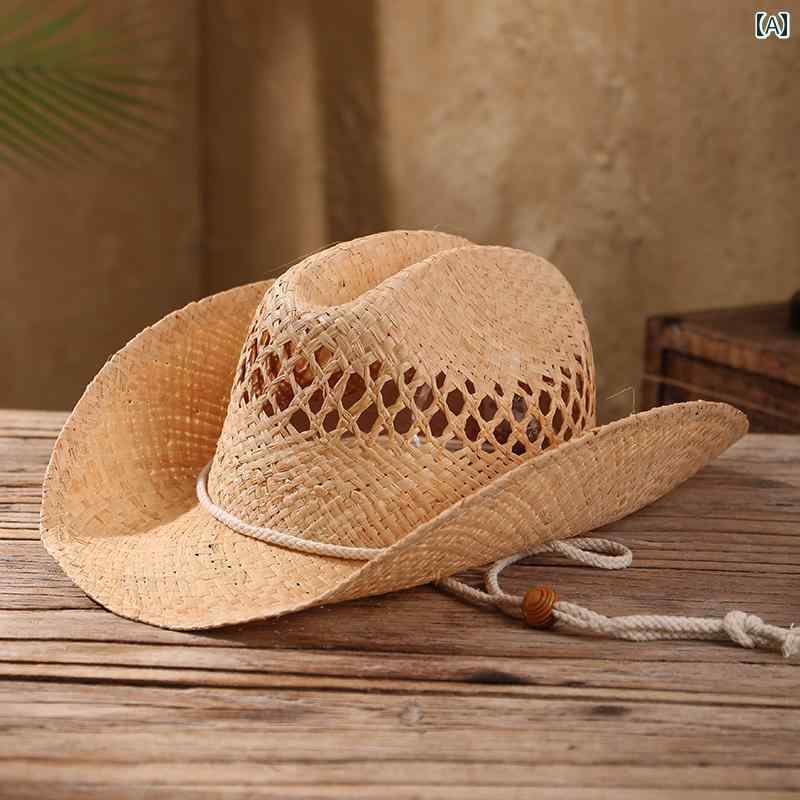 カウボーイハット ストロー 麦わら帽子 ウエスタン テンガロンハット レトロ メンズ 夏 ナチュラル サ..