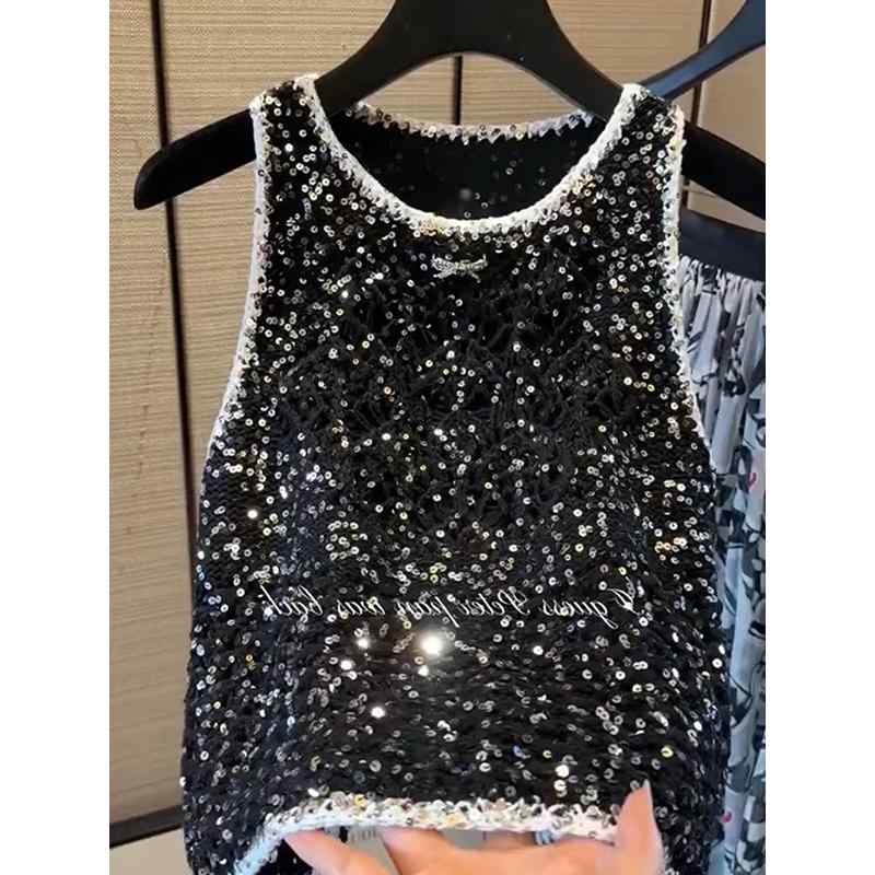 スパンコール キャミソール レディース トップス キラキラ パーティー ダンス 韓国 ノースリーブベスト エレガント シック チョッキ ブラック