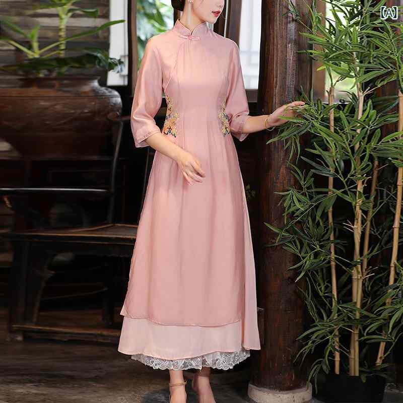アオザイ チャイナ レディース 春秋 漢服 レトロ 唐 ハイウエスト ロング丈 シンプル イエロー ピンク