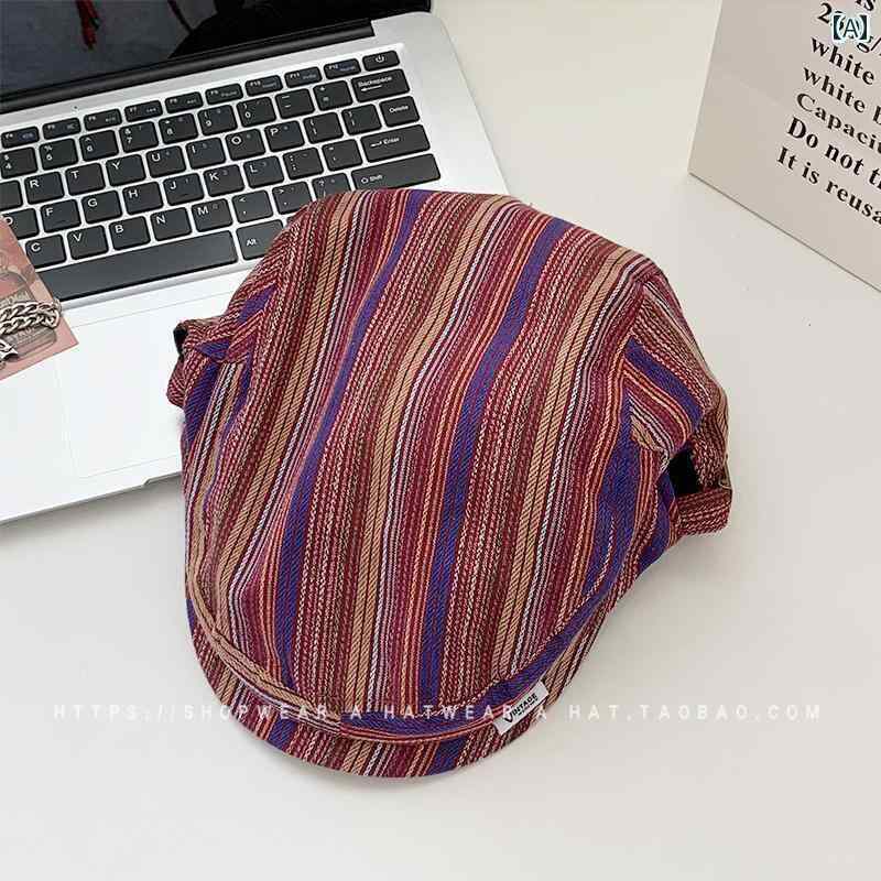 ハンチング 帽子 メンズ レディース 縦縞 フォワード キャップ ひさし 画家 ベレー帽 ワインレッド イ..