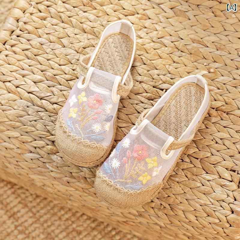 サンダル レディース シューズ エスニック 夏 通気性 メッシュ 刺繍靴 ラウンドトゥ 平底 スリッポン ベージュ グレー