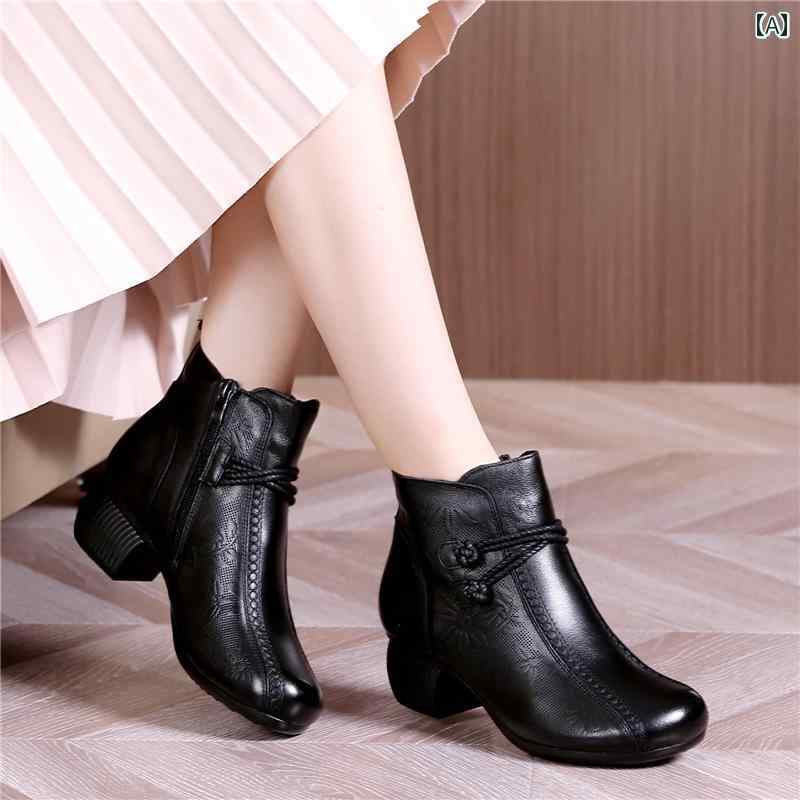 ショート ブーツ レディース 革 レザー レトロ 中国風 花柄 ファッション ジッパー ブラック ブラウン