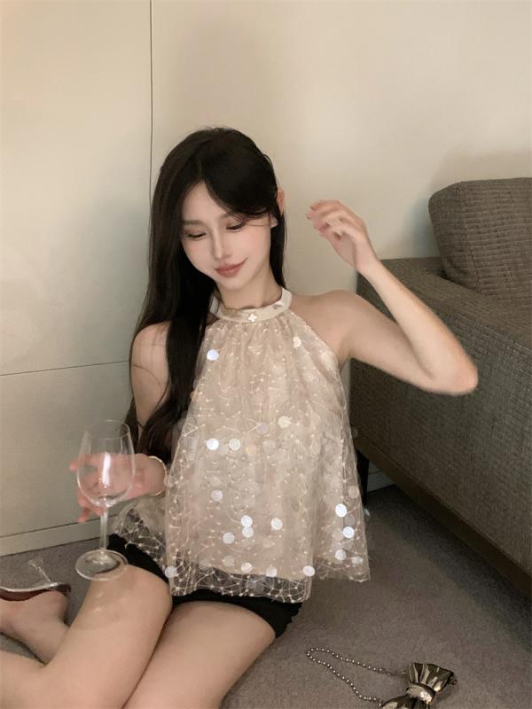 スパンコール キャミソール レディース トップス キラキラ パーティー ダンス ホット ガール 春夏 ノースリーブ アウター ベージュ