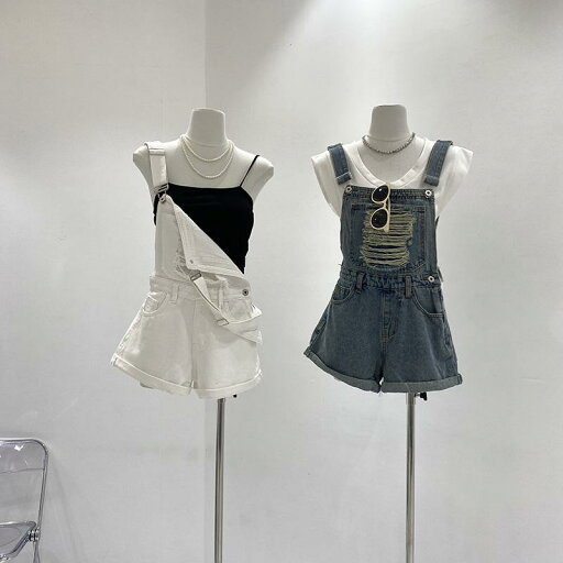 サロペット ショート丈 パンツ レディース オーバーオール つなぎ カジュアル デニム 夏 韓国 ダメージ ワイド ホワイト ブルー サロペット ショート丈 パンツ レディース オーバーオール つなぎ カジュアル デニム 夏 韓国 ダメージ ワイド ホワイト ブルー