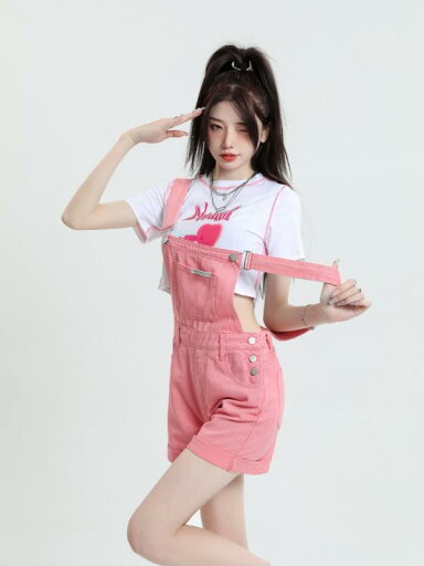 サロペット ショート丈 パンツ レディース オーバーオール つなぎ デニム 夏 薄手 カジュアル 韓国 ピンク サロペット ショート丈 パンツ レディース オーバーオール つなぎ デニム 夏 薄手 カジュアル 韓国 ピンク