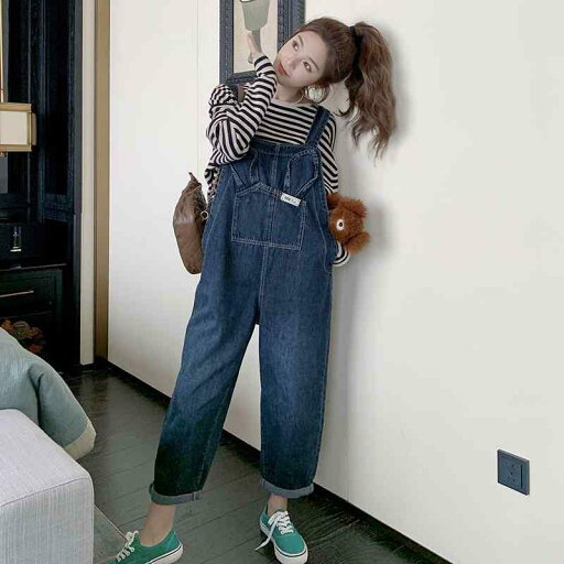 サロペット パンツ レディース オーバーオール つなぎ うさ耳 デニム 春秋 韓国 カジュアル ロング丈 ブルー サロペット パンツ レディース オーバーオール つなぎ うさ耳 デニム 春秋 韓国 カジュアル ロング丈 ブルー
