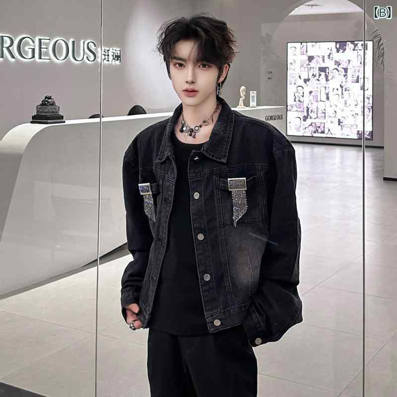 デニム ジャケット メンズ 肩パッド ショート アメリカン カジュアル ファッション 長袖 青 グレー