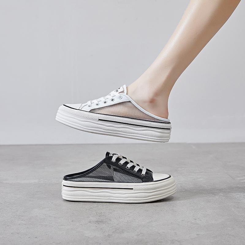 かかとなし スニーカー レディース スリッポン フラット サンダル メッシュ 通気性 シューズ 厚底 スリ..