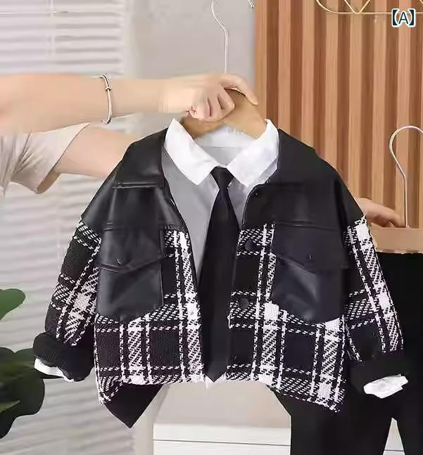 レザー ジャケット キッズ ライダース 男の子 アウター 子供服 チェック柄 おしゃれ ファッション 韓国 ブラック