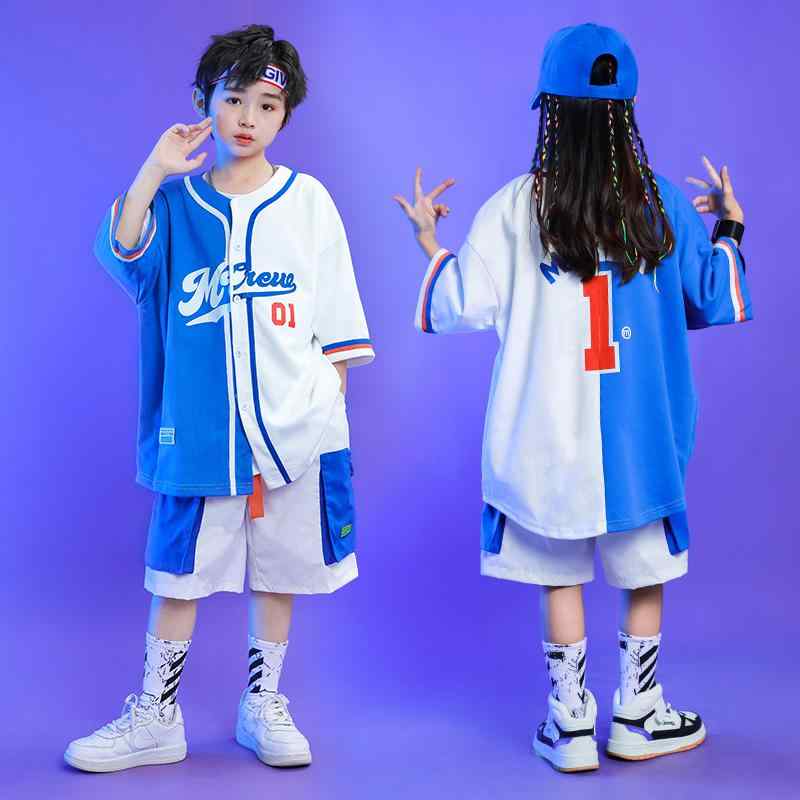 キッズ ストリート ダンス セットアップ 子供用 男の子 女の子 演出服 発表会 夏 ブルー ホワイト 衣装