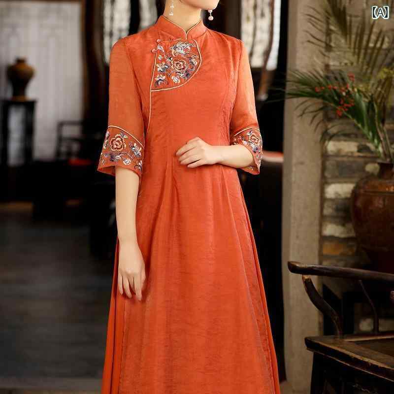 アオザイ チャイナ ドレス 春夏 レトロ エスニック 刺繍 ゆったり 大きいサイズ 薄手 レディース イエロー オレンジ ブルー