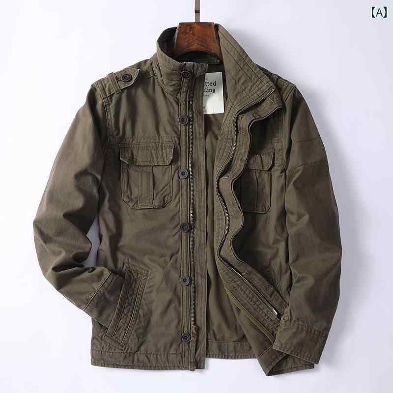Military Jacket - ミリタリージャケット メンズ アウター ジャンパー アメリカン 迷彩 スタンドカラー ワークジャケット コットン トップス ポケット レトロ グリーン カーキ