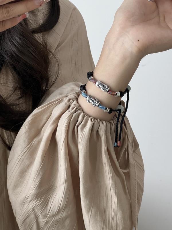 ヒキュウ 貔貅 ブレスレット 風水 アクセサリー 腕輪 数珠 カップル 編組 ロープ ギフト レッド ブルー