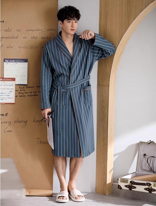ルームウェア 部屋着 パジャマ メンズ ナイトガウン バスローブ コート 春秋 長袖 ロング ブルー