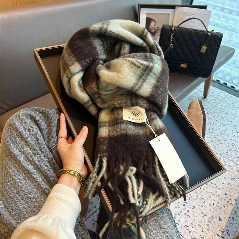 マフラー メンズ レディース チェック 秋冬 厚手 ショール 暖かい ネック スカーフ グリーン ブラウン