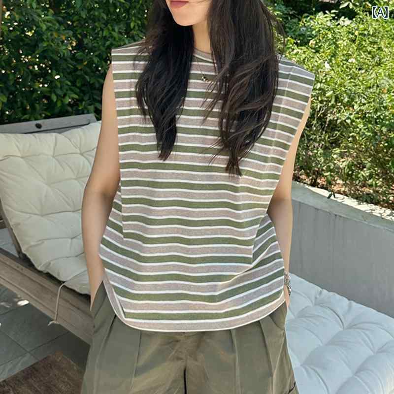 Tシャツ ラウンドネック ボーダーニット ノースリーブ タンクトップ コットン グリーン グレー