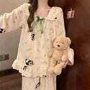 ルームウェア レディース パジャマ 部屋着 ガーリー コーラルベルベット フランネル 秋冬 長袖 プルオーバー ホームウェア ラウンジウェア ホワイト グリーン ブラック