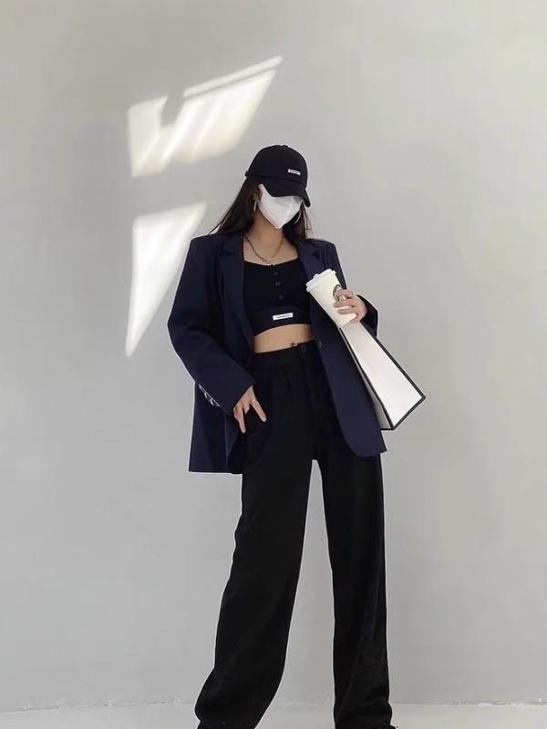 ジャケット レディース ファッション おしゃれ スーツ ストリート 刺繍 カジュアル レトロ スリム ネイビー ブルー