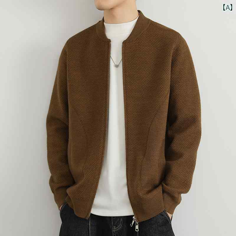 カーディガン メンズ ニット ブルゾン ジャケット 春秋 ベースボール カジュアル セーター ブラウン グ..