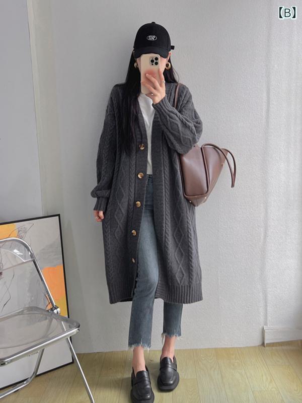 カーディガン レディース セーター 春秋 韓国 ゆったり 厚手 ミドル丈 ニット ファッション 大きいサイズ グレー ブラック