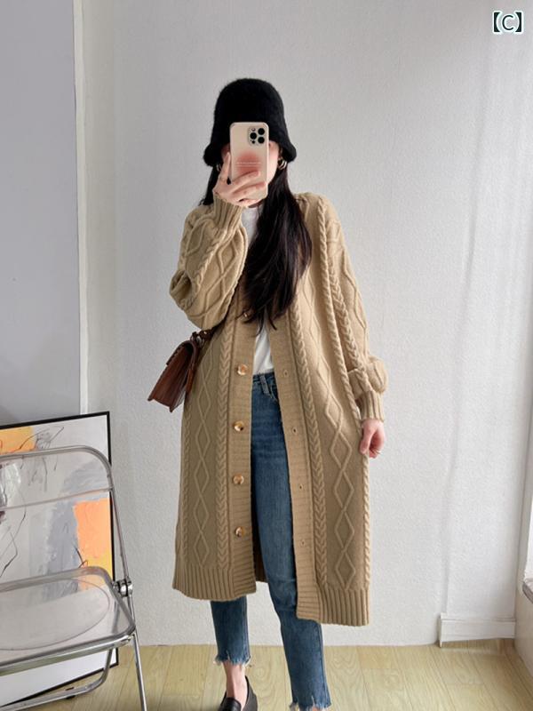 カーディガン レディース セーター 春秋 韓国 ゆったり 厚手 ミドル丈 ニット ファッション 大きいサイズ グレー ブラック