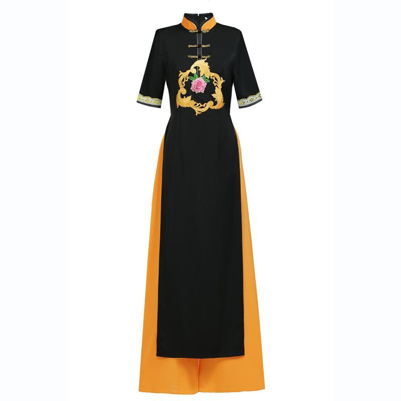 アオザイ チャイナドレス レディース 中国 大きめ サイズ パフォーマンス 服 エレガント ベトナム パンツ ハイスリット ブラック イエロー