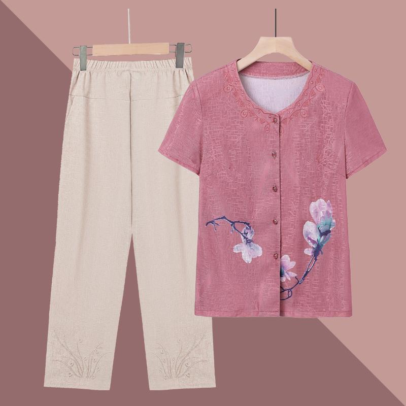 シャツ 中高年 トップス 婦人服 シニア おしゃれ 上品 高齢者 レディース 夏 半袖 薄手 エレガント パンツ セット ピンク 水色 白