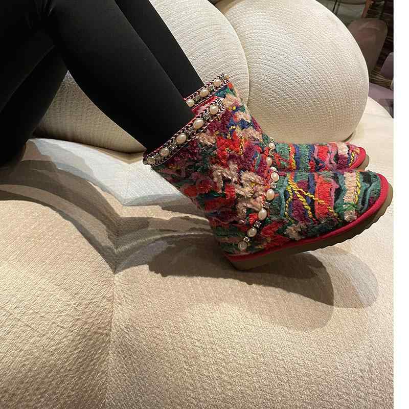 ショート ブーツ レディース 秋冬 スノーブーツ 中国風 レトロ エスニック 裏起毛 ラウンドトゥ レッド