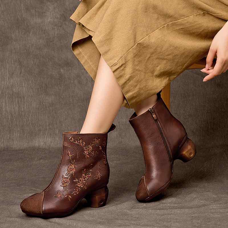 ショート ブーツ レディース 春秋 牛革 刺繍 エスニック レトロ サイドジッパー 中国風 ラウンドトゥ ..