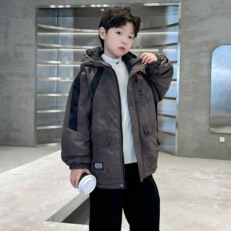キッズ 男の子 アウター 子供服 ジャケット コート 厚手 秋冬 フード付き 裏起毛 暖かい ロゴ カジュアル 防寒 ブラック