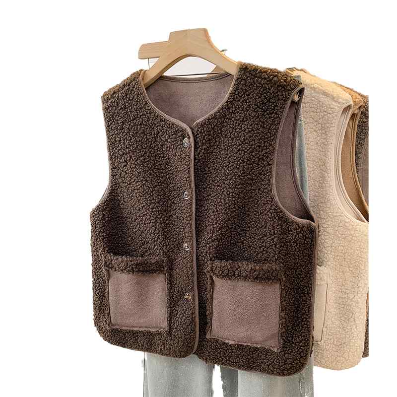 ベスト レディース 秋冬 ボア ウール アウター 厚手 ゆったり チョッキ トップス ベージュ グレー ブラウン