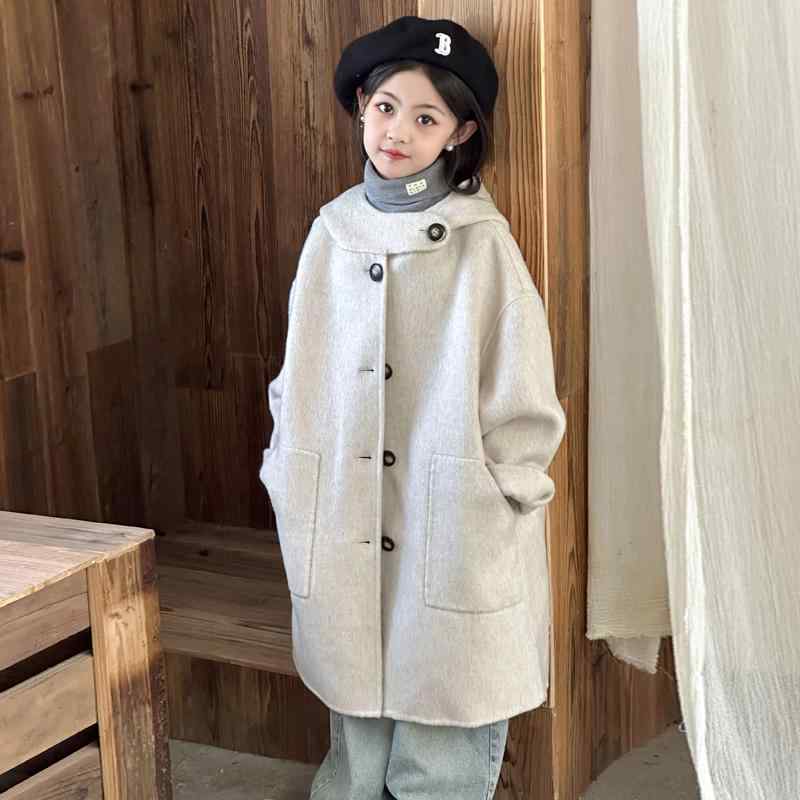 コート キッズ 子供 女の子 子供服 アウター 秋冬 韓国 無地 シンプル ウール フード ロング丈 ベージュ グレー